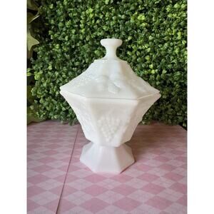Vintage 8" Tall Milk Glass Octagonal Harvest Grape Pedestal Candy Vanity Jar